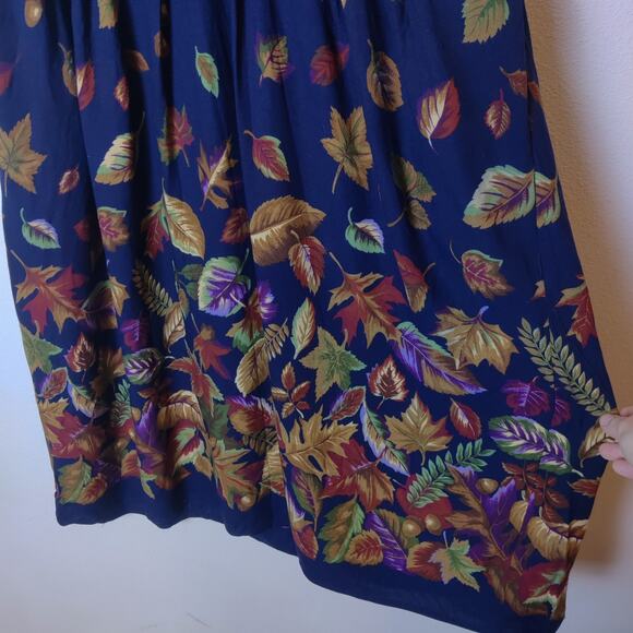 Vtg California Design Fall Autumn Leaf Print Long Sleeve Navy Blue Midi Dress 14 - Picture 7 of 13